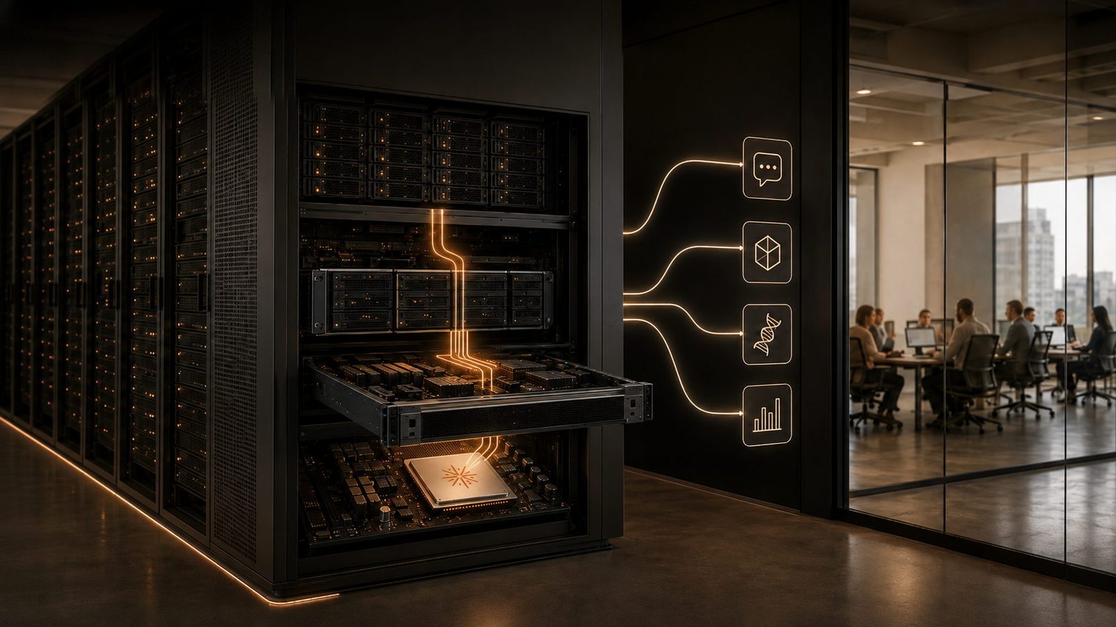 A Guiding Beam machine installed on a working office floor: an open rack with a server pulled out on its rails, amber traces running from its processor to icons for chat, 3D, genomics and analytics, and a glass-walled meeting room of staff at work alongside it