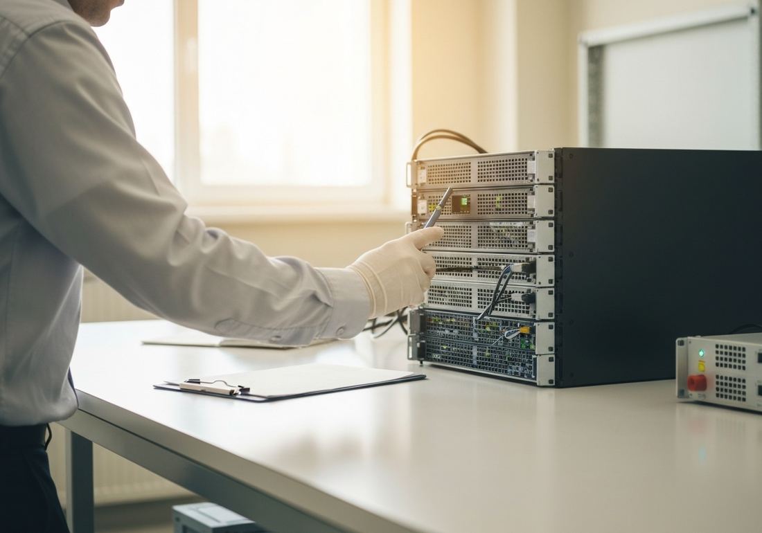A technician inspecting rack-mount server units during quality assurance