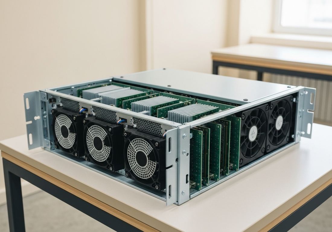 An open GBAI 1000 rack-mount chassis showing inference boards, heatsinks and cooling fans